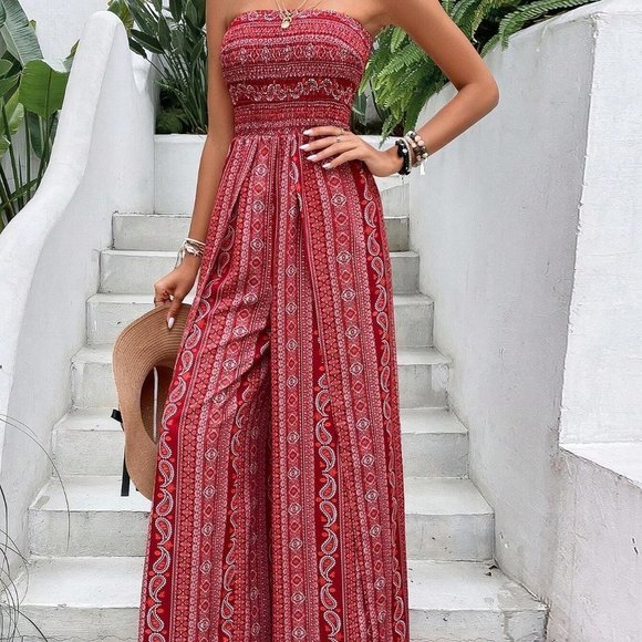 Boho Paisley Print Split Thigh Tube Jumpsuit Red - Picture 2 of 6